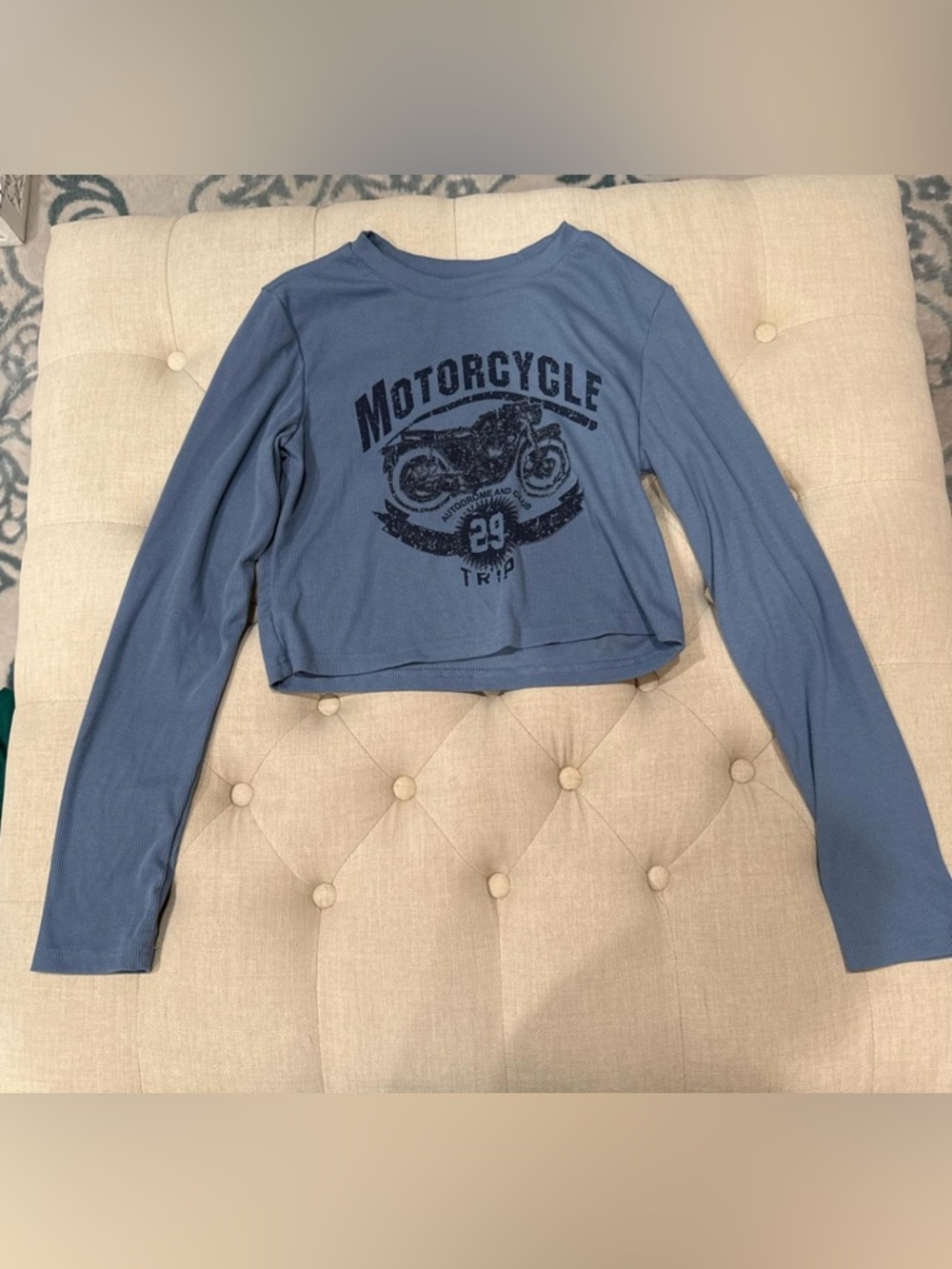 Blue Motorcycle Graphic Long-Sleeve Crop Top